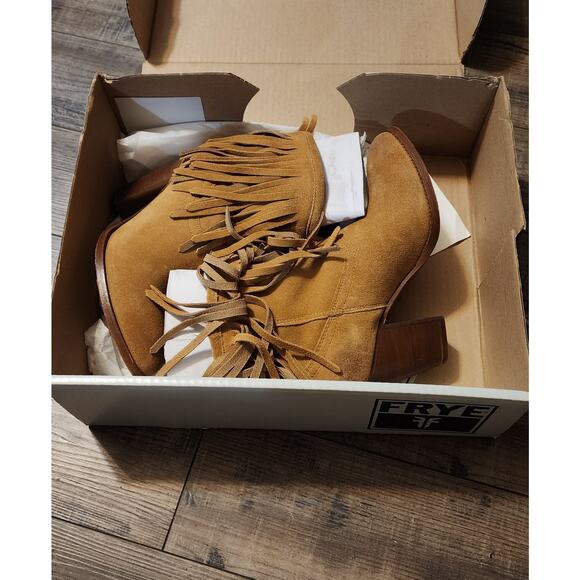 FRYE Womens Size 7.5 Pre-owned Tan Suede Fringe Heeled Ankle Boots Bootie. X - Picture 8 of 16